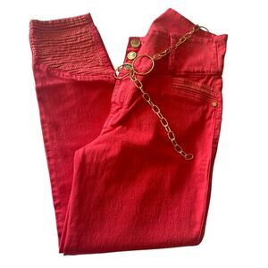Studio AA Orange Pants with Gold Chain Belt Women's Stylish Denim Pants Size 9‎